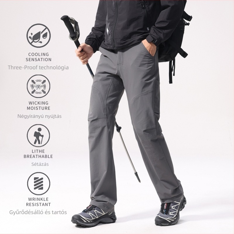 Férfi softshell túranadrág, egyenes szabású (90% nylon, 10% spandex; cipzáras zárás; több zseb; őszi 2025)