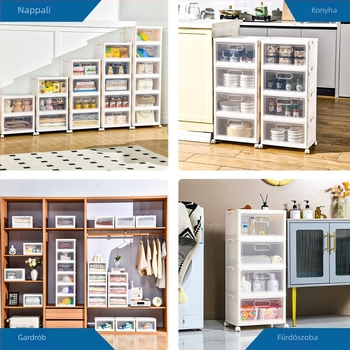 Összecsukható műanyag tároló szekrény, többszintes, porálló, kerekekkel, kapacitás 20–30 L