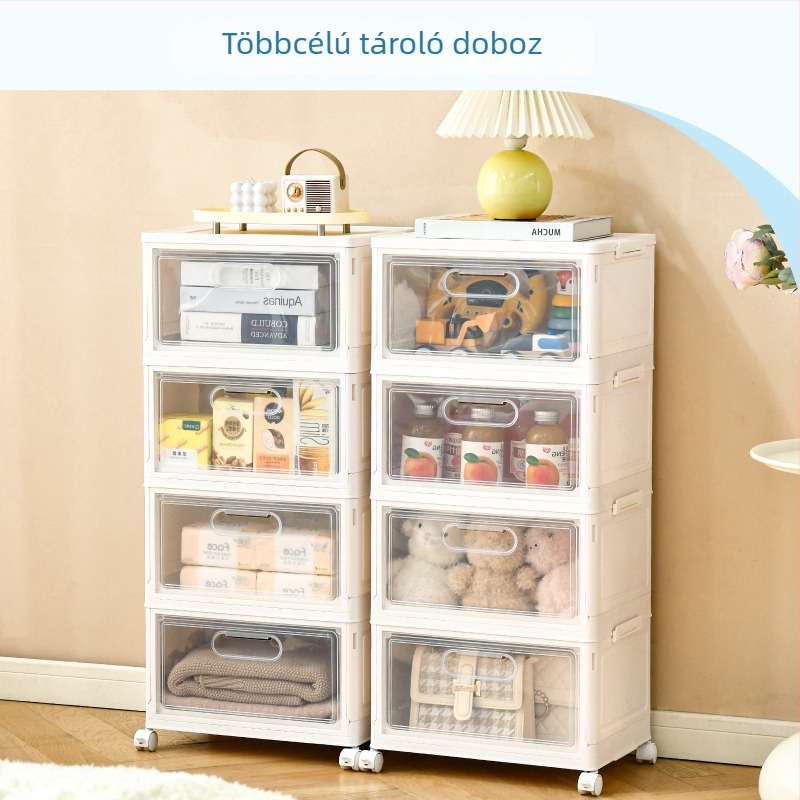 Összecsukható műanyag tároló szekrény, többszintes, porálló, kerekekkel, kapacitás 20–30 L