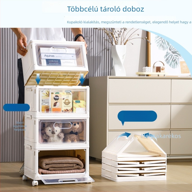 Összecsukható műanyag tároló szekrény, többszintes, porálló, kerekekkel, kapacitás 20–30 L