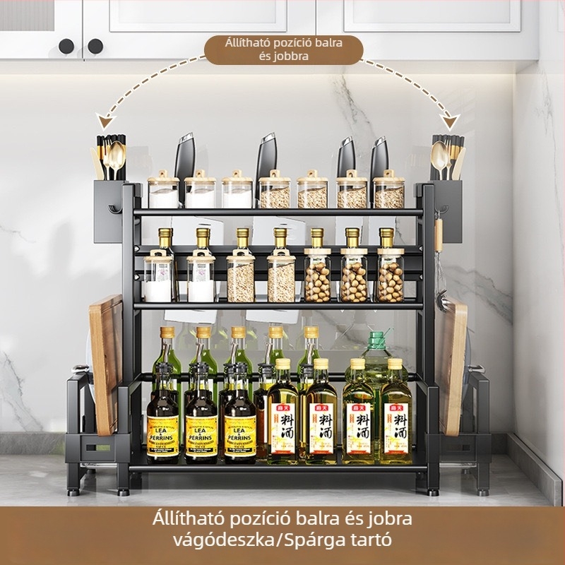 Forgatható konyhai tárolóállvány, többszintes fűszerraktár, kés- és evőpálcika tartó, fazekak fedőinek tartója