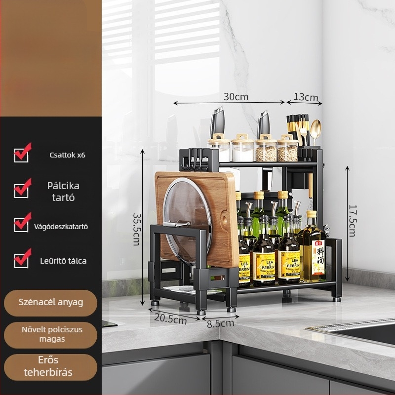 Forgatható konyhai tárolóállvány, többszintes fűszerraktár, kés- és evőpálcika tartó, fazekak fedőinek tartója