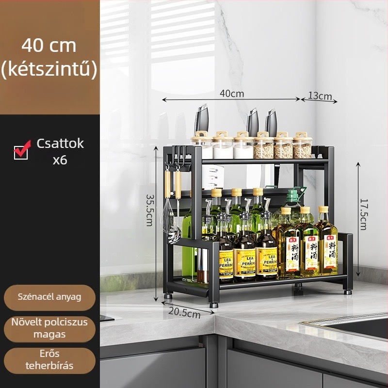 Forgatható konyhai tárolóállvány, többszintes fűszerraktár, kés- és evőpálcika tartó, fazekak fedőinek tartója