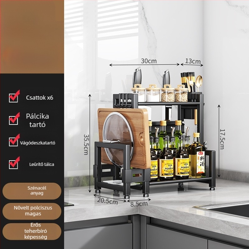 Forgatható konyhai tárolóállvány, többszintes fűszerraktár, kés- és evőpálcika tartó, fazekak fedőinek tartója