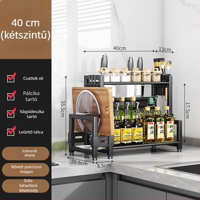 Forgatható konyhai tárolóállvány, többszintes fűszerraktár, kés- és evőpálcika tartó, fazekak fedőinek tartója
