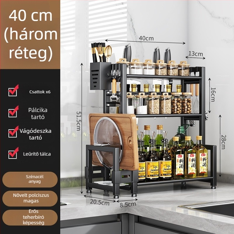 Forgatható konyhai tárolóállvány, többszintes fűszerraktár, kés- és evőpálcika tartó, fazekak fedőinek tartója