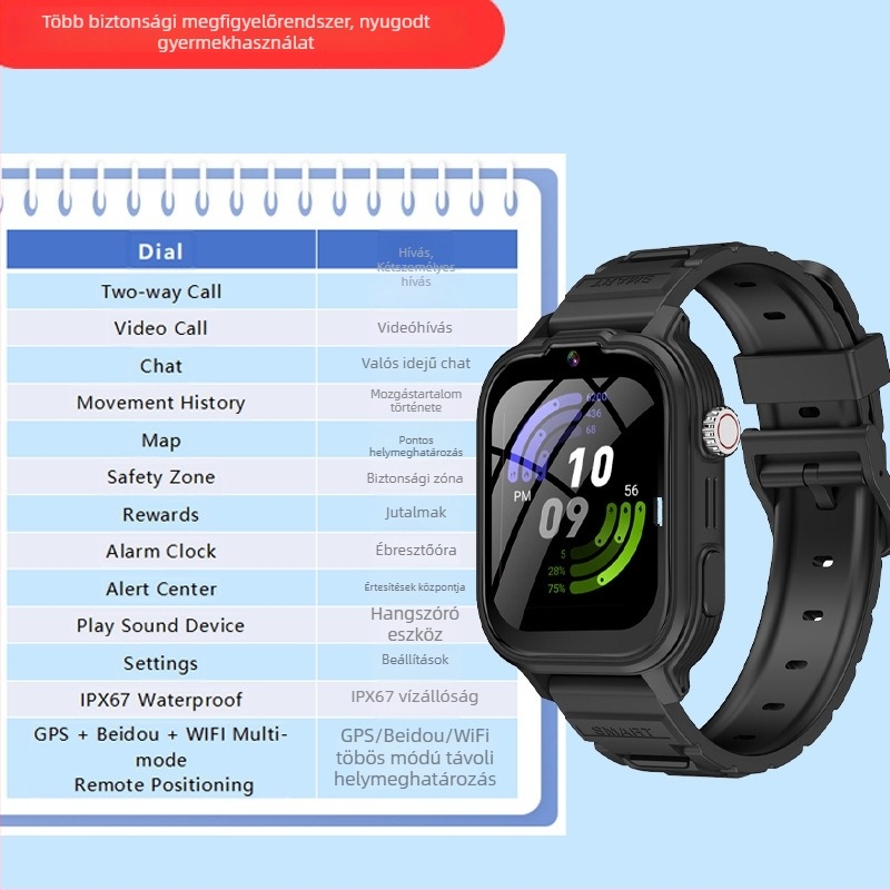 Gyermekeknek szánt okosóra videohívásokkal, fénykép készítéssel, távoli GPS-helymeghatározással, elvesztés elleni védelemmel, 512MB RAM