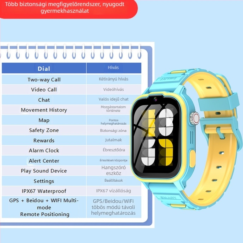 Gyermekeknek szánt okosóra videohívásokkal, fénykép készítéssel, távoli GPS-helymeghatározással, elvesztés elleni védelemmel, 512MB RAM
