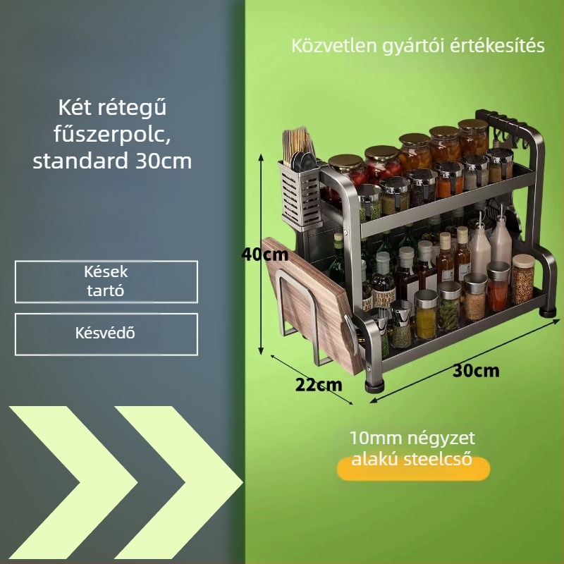 Szénacélból készült fűszerpolc a konyhai pult mellé, több rétegű, fúrás nélkül