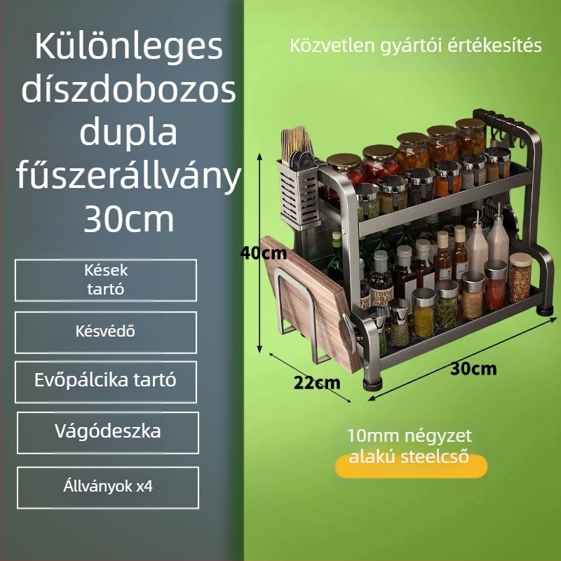 Szénacélból készült fűszerpolc a konyhai pult mellé, több rétegű, fúrás nélkül