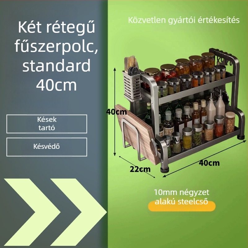 Szénacélból készült fűszerpolc a konyhai pult mellé, több rétegű, fúrás nélkül