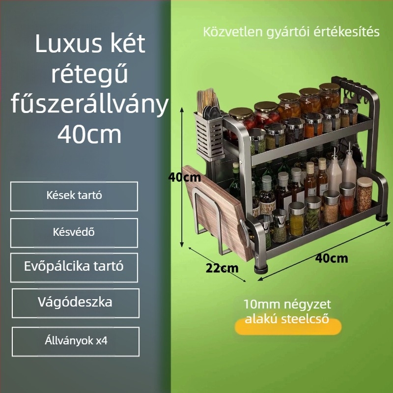 Szénacélból készült fűszerpolc a konyhai pult mellé, több rétegű, fúrás nélkül