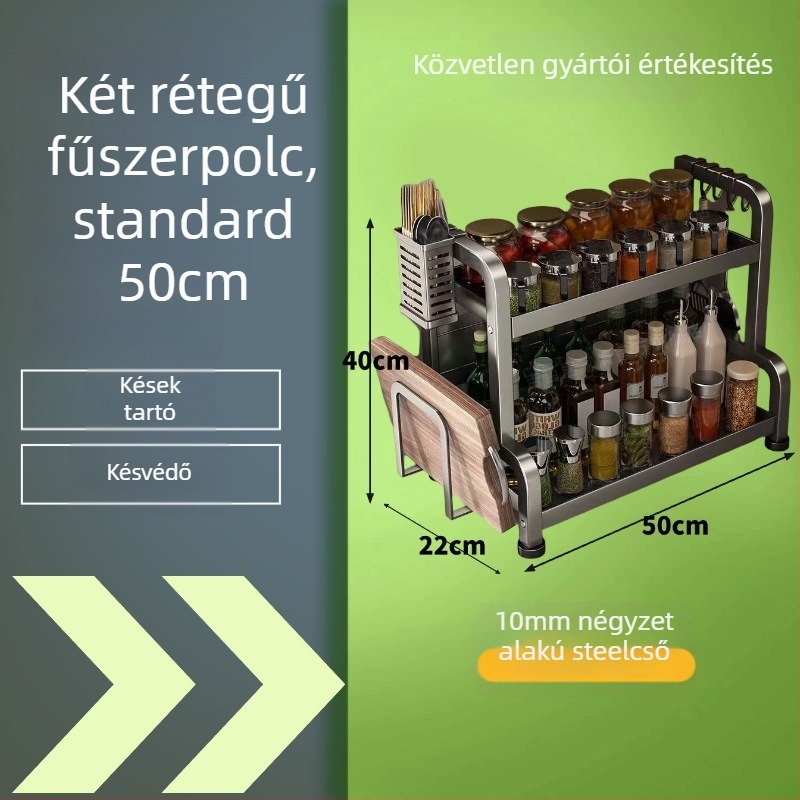 Szénacélból készült fűszerpolc a konyhai pult mellé, több rétegű, fúrás nélkül