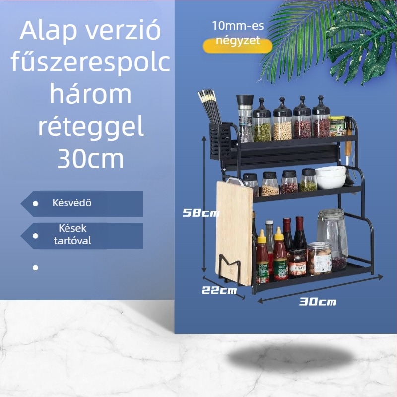 Szénacélból készült fűszerpolc a konyhai pult mellé, több rétegű, fúrás nélkül