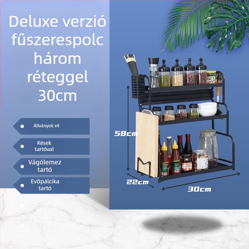 Szénacélból készült fűszerpolc a konyhai pult mellé, több rétegű, fúrás nélkül