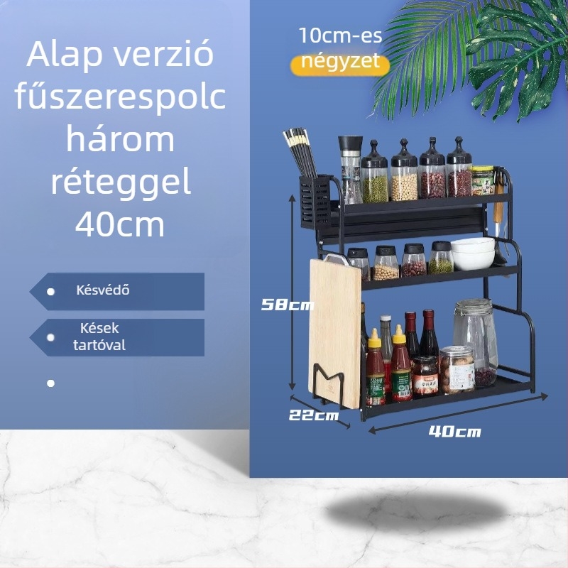 Szénacélból készült fűszerpolc a konyhai pult mellé, több rétegű, fúrás nélkül