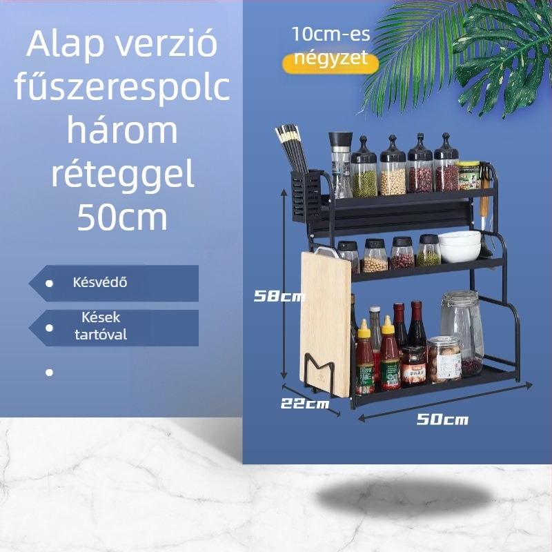 Szénacélból készült fűszerpolc a konyhai pult mellé, több rétegű, fúrás nélkül