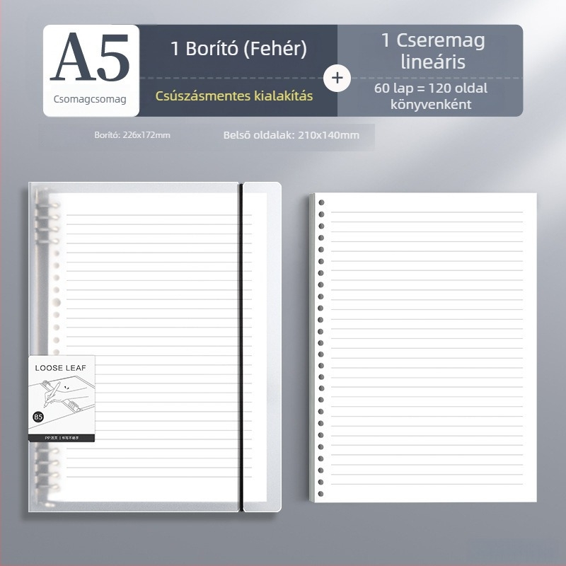 Deli kapcsos notesz, elérhető formátumok: A4/A5/B5, Dowling papír, 60 lap, B5/26 lyuk