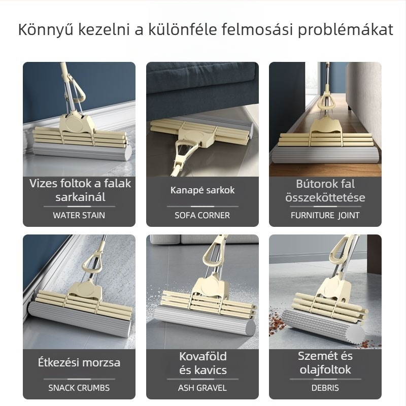 Szivacsos mop összecsukható fejjel, kézzel mosható, rozsdamentes acélszár, Collodion anyag