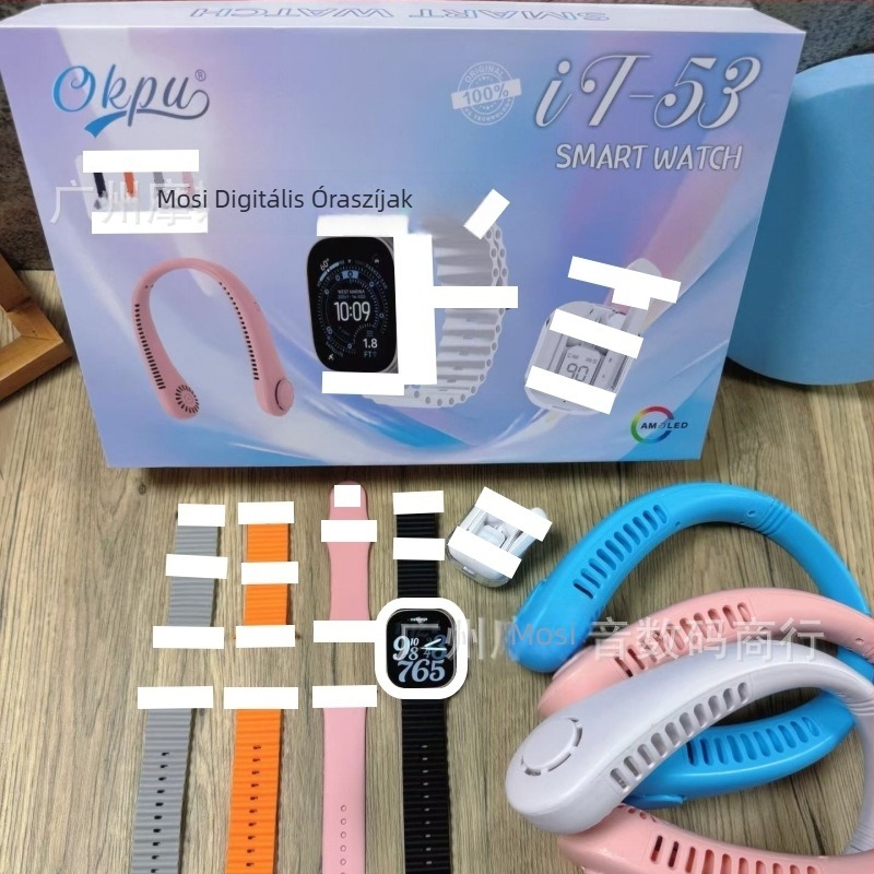 Bluetooth fülhallgatóval és nyakventilátor készlettel – 2,01 hüvelykes AMOLED kijelző, 44 mm-es alumínium tokozás, pulzusmonitorozás, lépésszámlálás, Bluetooth-hívások.