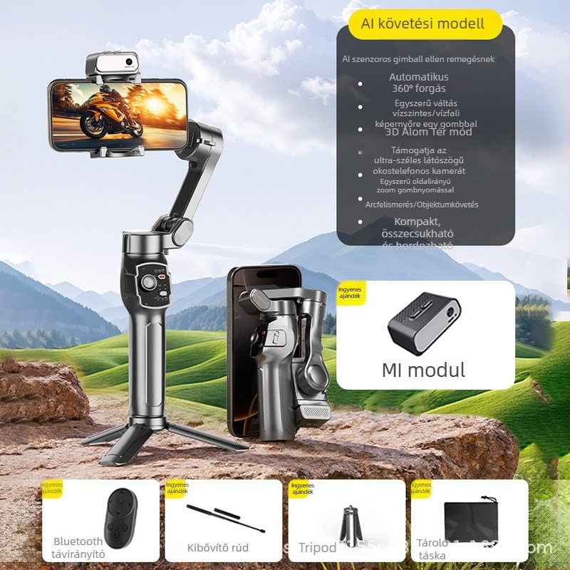 AI-követő okostelefon-stabilizátor, kézi használatra, anti-tremor a zökkenőmentes felvételekhez — L9 Lite modell, alumínium ötvözet, Bluetooth és távirányító
