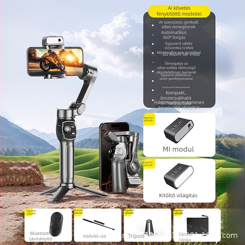 AI-követő okostelefon-stabilizátor, kézi használatra, anti-tremor a zökkenőmentes felvételekhez — L9 Lite modell, alumínium ötvözet, Bluetooth és távirányító