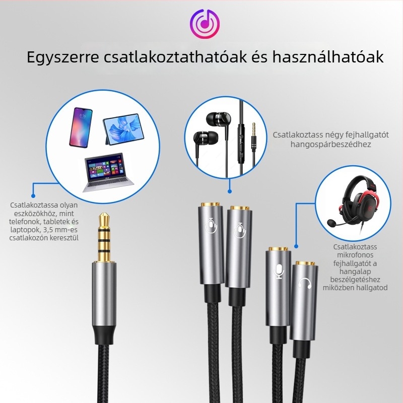 Digital Fox 3,5 mm-es audio splitter kábel 1–4 közös fejhallgatókhoz mikrofonnal — nylon mag, réz vezetők