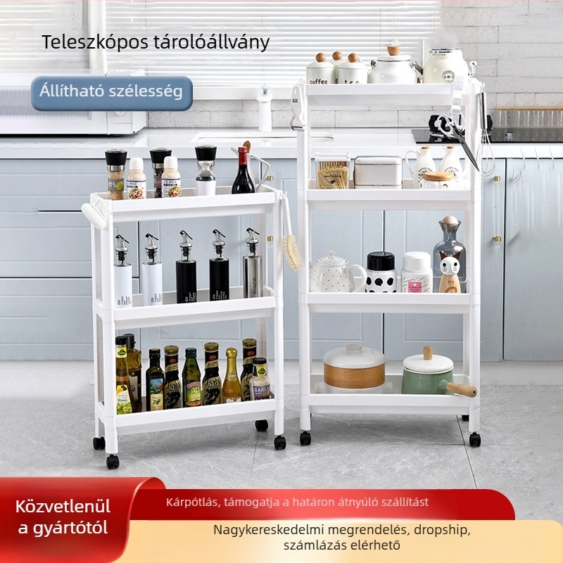 Kinyitható 3-szintes PP tárolóállvány – teleszkópos, mozgatható