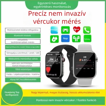Okosóra EKG-vel és neinvazív glükóz-mérésével, pulzus, vérnyomás és oxigénszint a vérben; szilikon szíj; vezeték nélküli töltés; 7–14 napos üzemidő; napi vízálló; iOS-kompatibilis