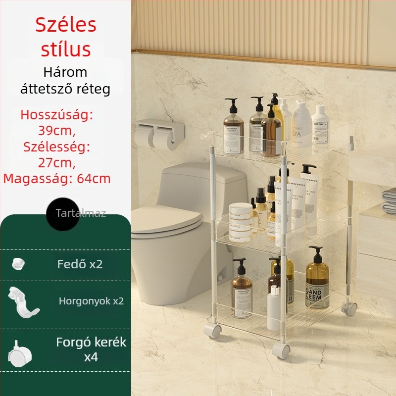 Négyemeletes átlátszó műanyag tárolóállvány – mobil, fúrás nélküli, ideális a konyha, fürdőszoba, hálószoba és nappali számára