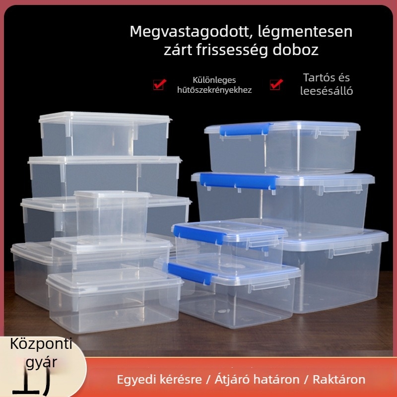 Élelmiszer-minőségű műanyag tárolóedény, zárható fedél, négyzet alakú, átlátszó, mikrohullámú sütőben használható, 1–5 L kapacitás