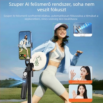AI-alapú telefonos követő gimbal automatikus követéssel, arcfelismeréssel és gesztus-vezérléssel, képstabilizáció, Bluetooth távirányító és világítás élő közvetítéshez