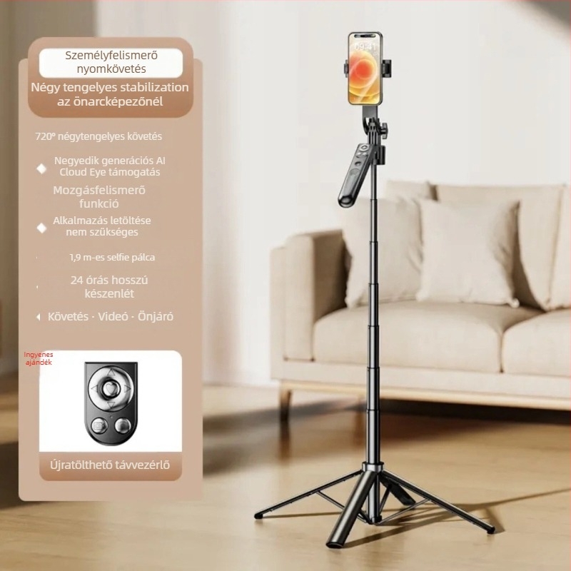 AI-alapú telefonos követő gimbal automatikus követéssel, arcfelismeréssel és gesztus-vezérléssel, képstabilizáció, Bluetooth távirányító és világítás élő közvetítéshez