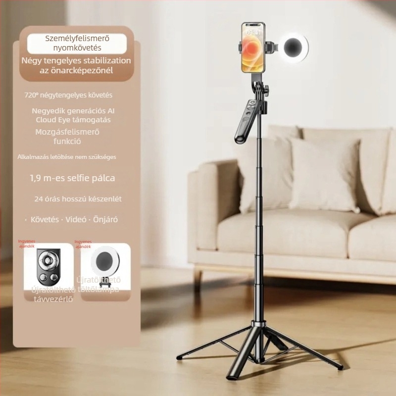 AI-alapú telefonos követő gimbal automatikus követéssel, arcfelismeréssel és gesztus-vezérléssel, képstabilizáció, Bluetooth távirányító és világítás élő közvetítéshez