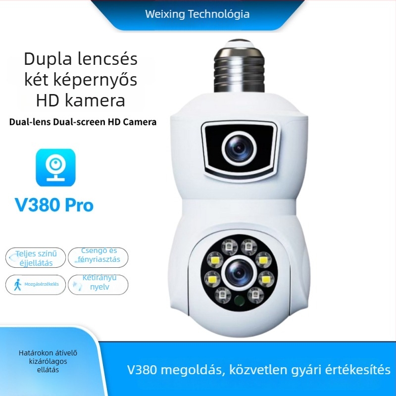 Kettős lencsés IP kamera lámpa E27-es rögzítésével, beltéri, 1080p teljes színű, okos megfigyelés, alacsony megvilágítás 0.001 lx, IR 15 m