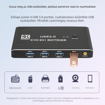Két számítógéphez szóló KVM-kapcsoló, HDMI 4K, USB 3.0, 2 bemenet/1 kimenet, asztali megosztás