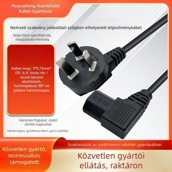 90°-os szögű tápkábel futópadhoz, hárompontos nemzeti szabvány dugóval; PVC burkolatú, 3C tanúsítványú; számítógéphez, TV-hez és más háztartási készülékekhez