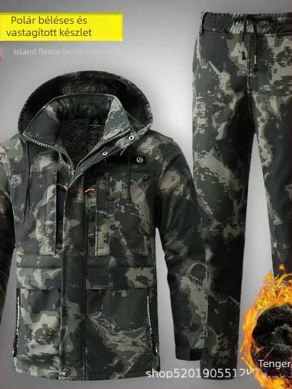 Férfi téli vízálló álcázó munkaruha fleece béléssel, szakadásálló pamut-poliészter keverék anyag (90% poliészter)