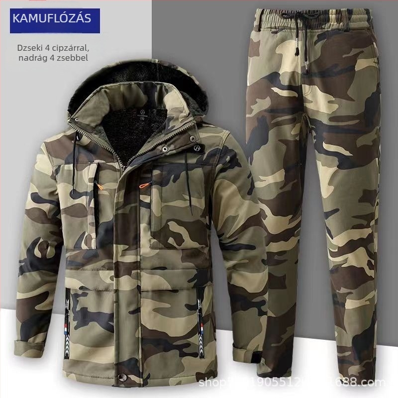 Férfi téli vízálló álcázó munkaruha fleece béléssel, szakadásálló pamut-poliészter keverék anyag (90% poliészter)