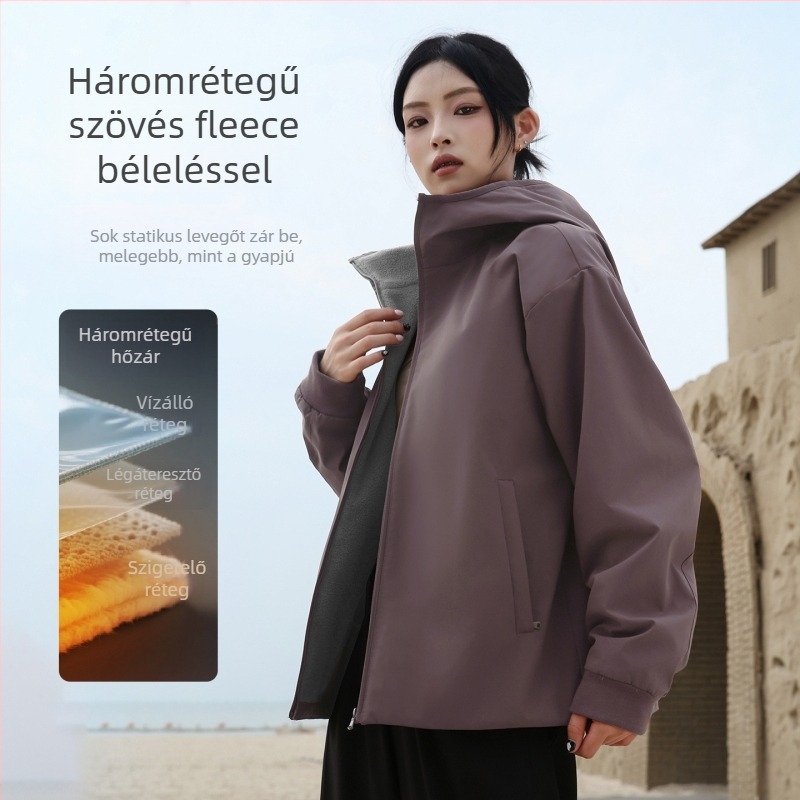 Női túrakabát – szél- és vízálló, poliészter anyag, polár bélés, egyszínű minta, hosszú ujjú