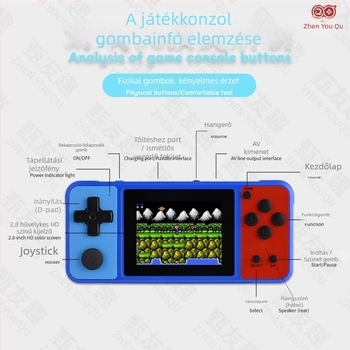 Kézbe vehető retró játékkonzol, 8 bites operációs rendszer, 1 GB memória, USB interfész, 720p kimenet, eredeti szoftver