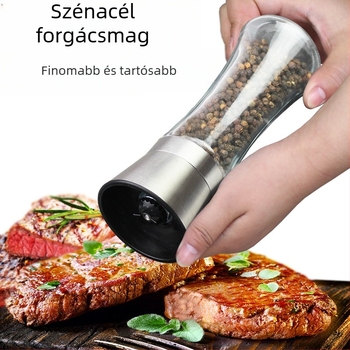 Kézi borsőrlő üveg fűszertartóval és szénacél mechanizmussal