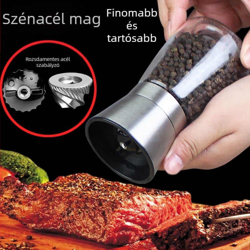 Kézi borsőrlő üveg fűszertartóval és szénacél mechanizmussal