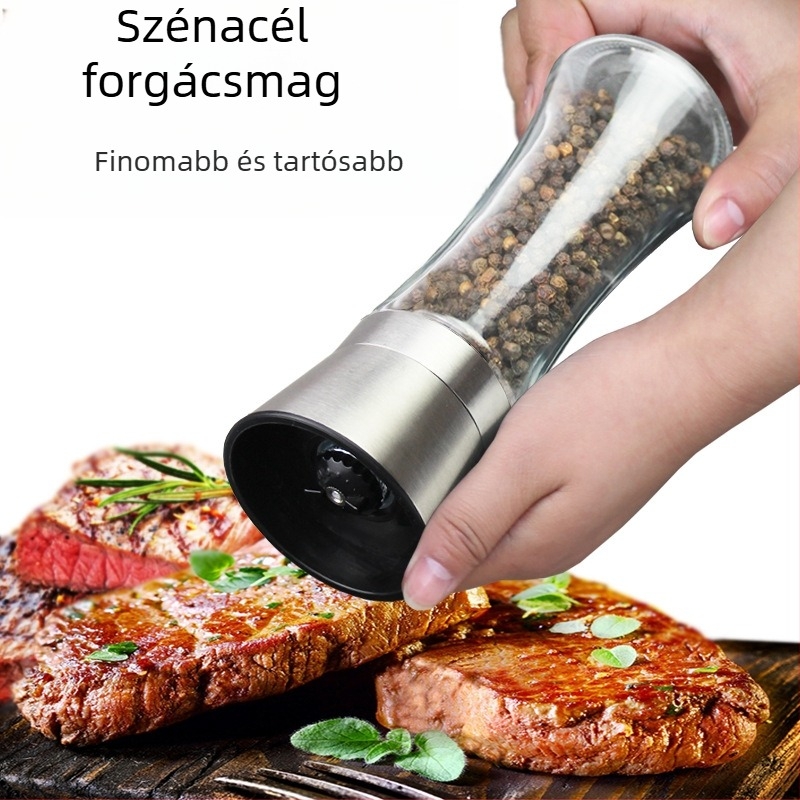 Kézi borsőrlő üveg fűszertartóval és szénacél mechanizmussal