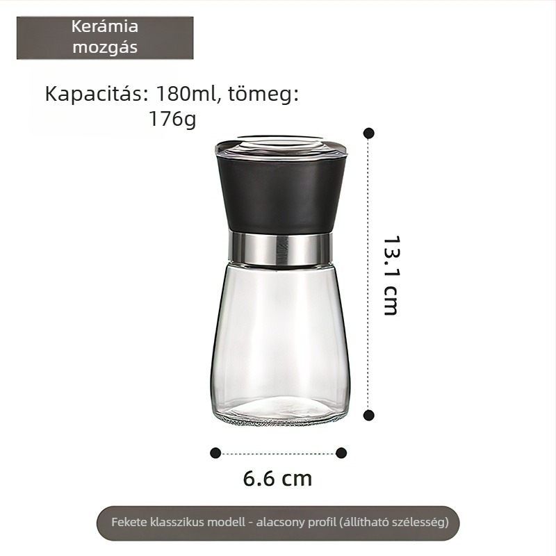 Kézi borsőrlő üveg fűszertartóval és szénacél mechanizmussal