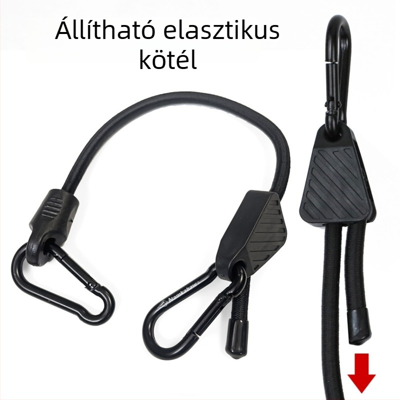 Kempingezéshez használt elasztikus kötél kopásálló műanyag horoggal – állítható poggyász rögzítő kötél
