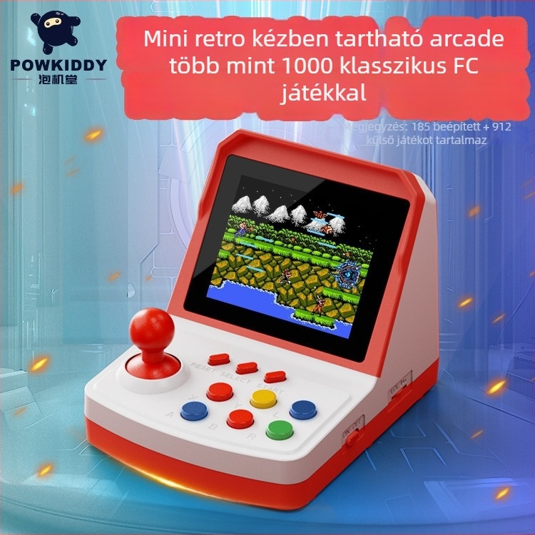 Powkiddy A6Plus hordozható játékkonzol, nosztalgikus dizájn, beépített kijelző, 256 MB RAM, emulátor operációs rendszer, két játékos támogatás