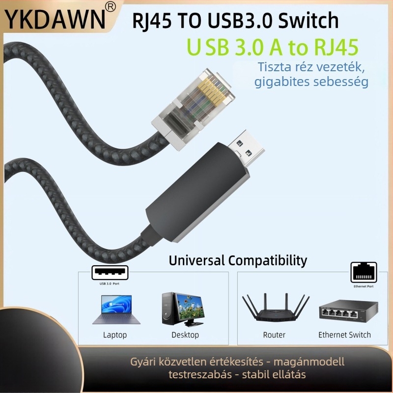 USB 3.0-tól RJ45-ig hálózati kábel alumínium ötvözet házzal és sodrott OFC-vel, Gigabit Ethernet (10/100/1000 Mbps), hosszok 2/5/10 m, kompatibilis bármely rendszerrel