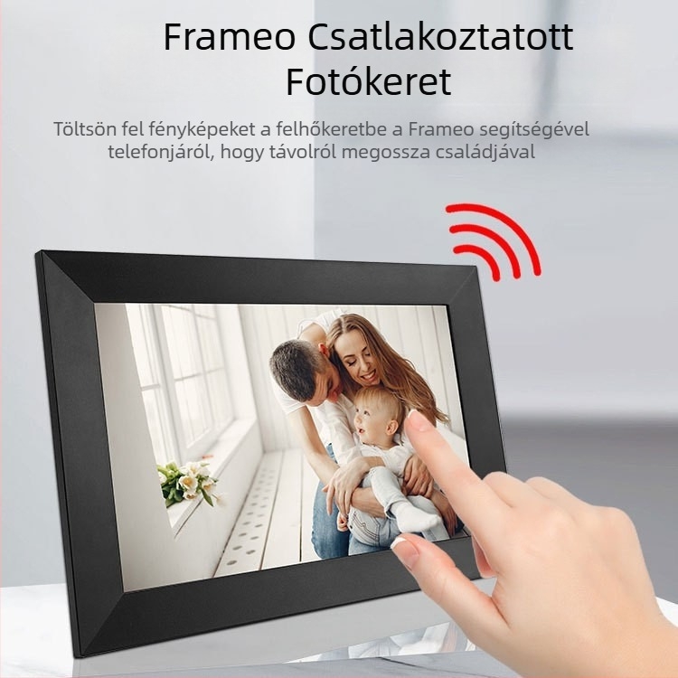 Frameo 10,1 hüvelykes digitális fotókeret, 32 GB tárhely, 800x1280 felbontás, Wi‑Fi, SD/USB memóriakártya támogatás, JPEG/JPG, zene- és videólejátszás