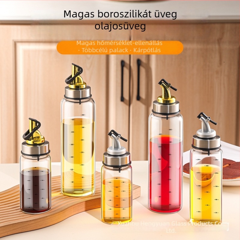 Otthoni használatra szánt üveg olajtartó, magas hőállóságú boroszilikát üvegből, konyhai fűszertartó, mérő skálával, automata nyitás-zárás, cseppmentes